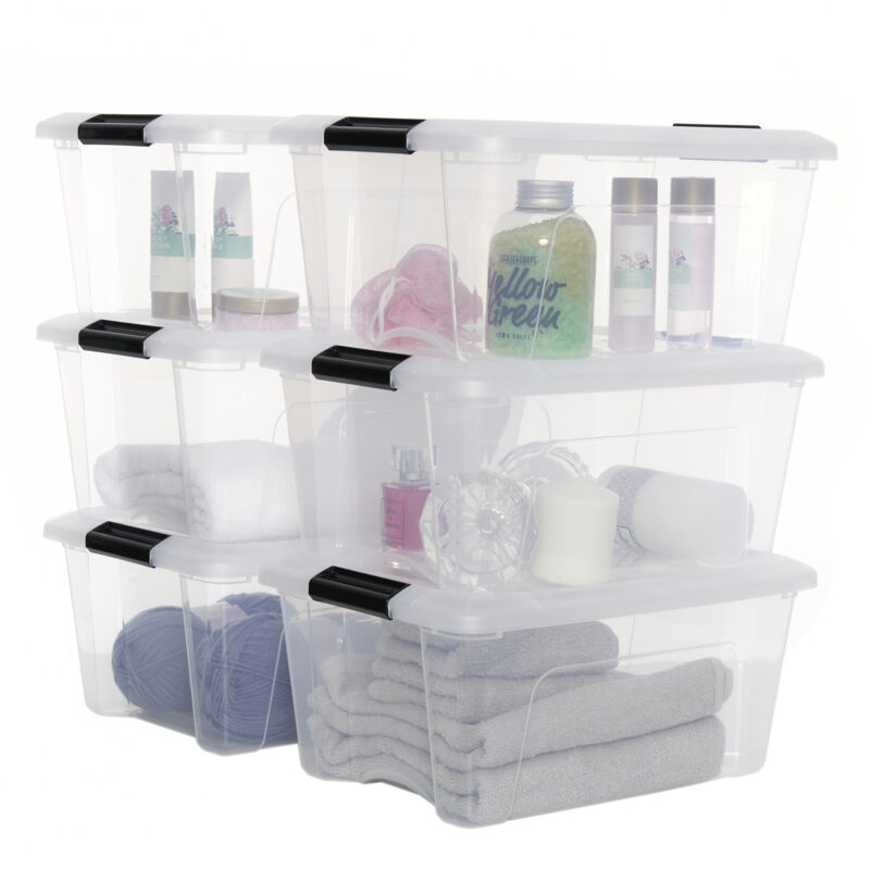 Aufbewahrungsboxen mit Deckel, 15L, 6er-Set, Transparent, Sicherer Verschluss, Stapelbar, Griffe, Schlafzimmer, Schrank, Büro, Organisation,
