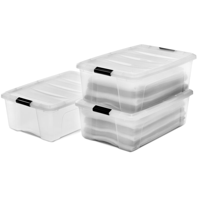 Iris Ohyama Aufbewahrungsboxen mit Deckel, 30L, 3er-Set, Transparent, Sicherer Verschluss, Stapelbar, Griffe, Schlafzimmer, Schrank, Büro,
