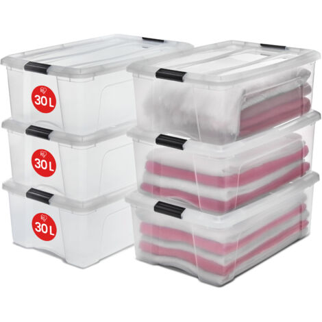 Iris Ohyama Aufbewahrungsboxen mit Deckel, 30L, 6er-Set, Transparent, Sicherer Verschluss, Stapelbar, Griffe, Schlafzimmer, Schrank, BÃ¼ro, Organisation, BPA-freies Plastik, Ordnungsboxen, NTB-30