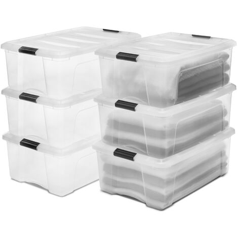 Iris Ohyama Aufbewahrungsboxen mit Deckel, 30L, 6er-Set, Transparent, Sicherer Verschluss, Stapelbar, Griffe, Schlafzimmer, Schrank, Büro, Organisation, BPA-freies Plastik, Ordnungsboxen, DDNTB-30
