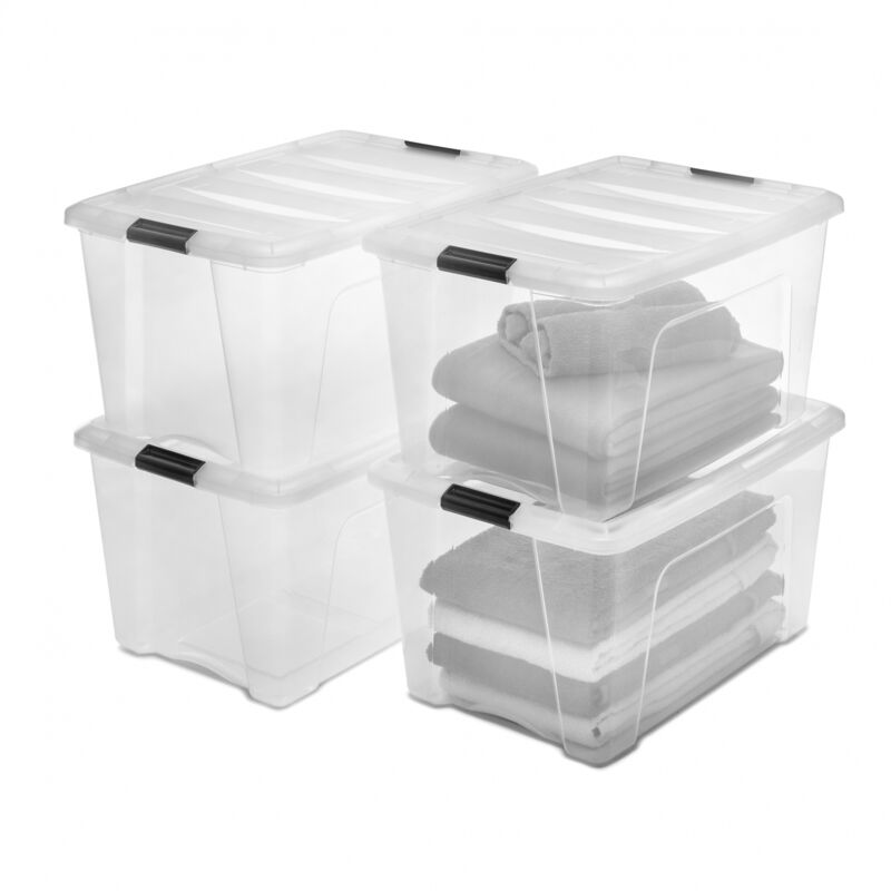 Aufbewahrungsboxen mit Deckel, 45L, 4er-Set, Transparent, Sicherer Verschluss, Stapelbar, Griffe, Schlafzimmer, Schrank, Büro, Organisation,