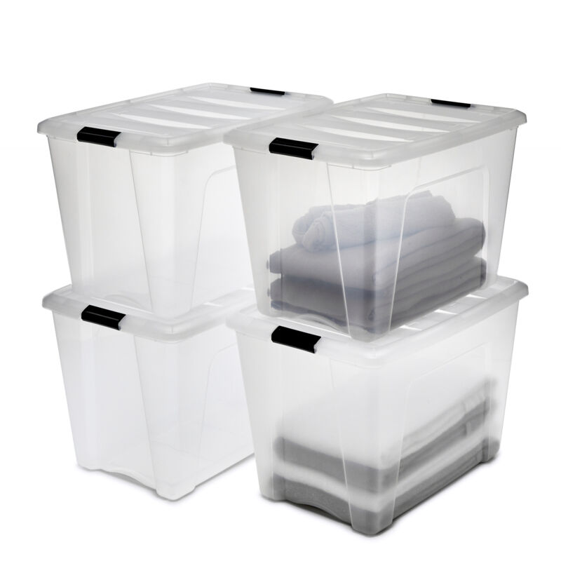 Aufbewahrungsboxen mit Deckel, 60L, 4er-Set, Transparent, Sicherer Verschluss, Stapelbar, Griffe, Schlafzimmer, Schrank, Büro, Organisation,