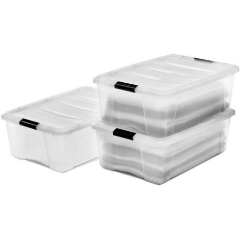 Iris Ohyama, Boite Rangement Plastique avec Couvercle, 30L, Lot de 3, Transparent, Clips de Fermeture, Poignée, Empilable, Organisation Solide & Durable, pour Chambre, Dressing, Bureau, DDNTB-30