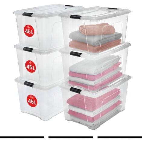 Iris Ohyama, Boite Rangement Plastique avec Couvercle, 45L, Lot de 6, Transparent, Clips de Fermeture, Poignée, Empilable, Organisation Solide & Durable, pour Chambre, Dressing, Bureau, NTB-45