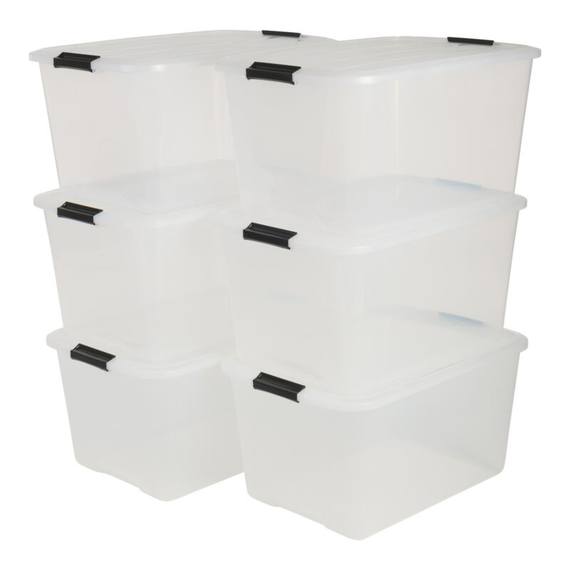 Iris Ohyama, Boite Rangement Plastique avec Couvercle, 45L, Lot de 6, Transparent, Clips de Fermeture, Poignée, Empilable, Portable, Solide &