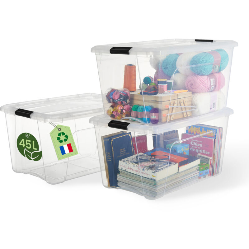 Iris Ohyama, Boite de Rangement Maison plastique recyclé, 45L, Lot de 3, Transparent, BSB-45 Iris Ohyama, Boite de Rangement Maison plastique recyclé, 45L, Lot de 3, Transparent, BSB-45