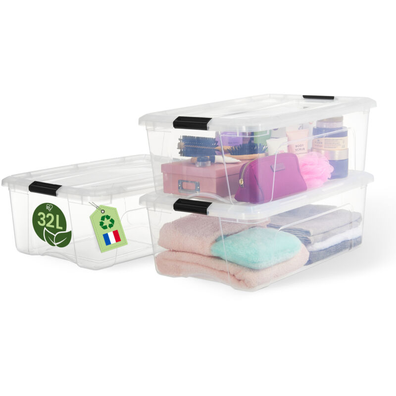 Iris Ohyama, Boite de Rangement Maison plastique recyclé, 32L, Lot de 3, Transparent, BSB-32 Iris Ohyama, Boite de Rangement Maison plastique recyclé, 32L, Lot de 3, Transparent, BSB-32