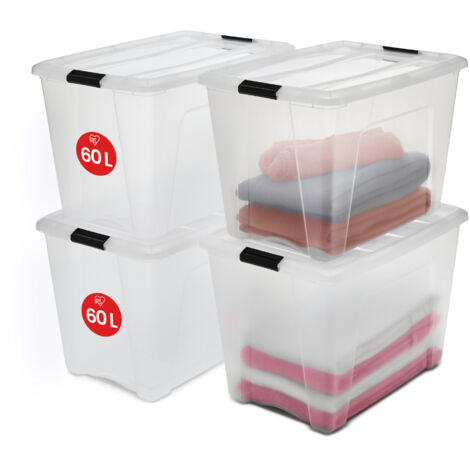 Iris Ohyama, Boite Rangement Plastique avec Couvercle, 60L, Lot de 4, Transparent, Clips de Fermeture, Poignée, Empilable, Organisation Solide & Durable, pour Chambre, Dressing, Bureau, NTB-60