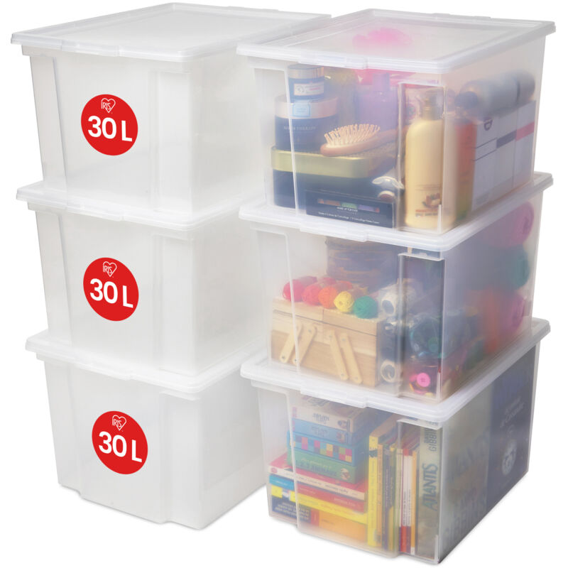 Lot de 6 boîtes de rangement 30L – Dimensions 42x35.5x26.5 cm – Transparent avec couvercles – Empilables pour gain de place – Iris Ohyama