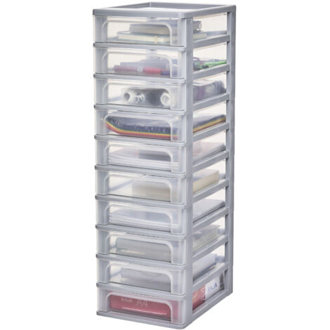 Iris Ohyama, Caisson de rangement plastique A4, 10 Petits Tiroirs, Gris, OCH-2100