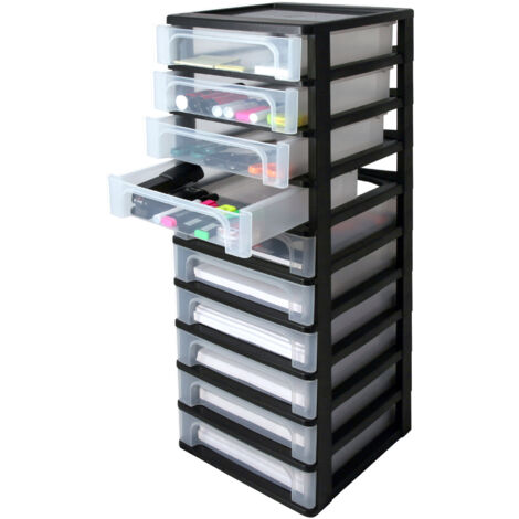 Iris Ohyama Cassettiera in Plastica, Portaoggetti, 10 Cassetti Medi, Nero, Apertura Facile, Formato A4, A5 e A6, Organizzatore, Per Ufficio, Scuola, Cartoleria, Senza BPA, Contenitore, OCH-2100