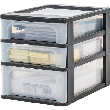Iris Ohyama Cassettiera in Plastica, Portaoggetti, 2 Cassetti Piccoli e 1 Medio, Nero, Apertura Facile, Formato A4, Trasparente, Per Ufficio, Documenti, Forniture e Accessori, Senza BPA, OCH-2021