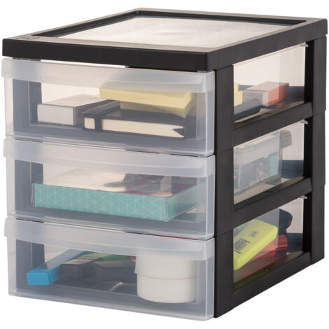 Iris Ohyama Cassettiera in Plastica, Portaoggetti, 3 Cassetti Medi, Nero, Apertura Facile, Formato A5, Trasparente, Per Ufficio, Documenti, Forniture, File, Contenitore, Senza BPA, DC-A5