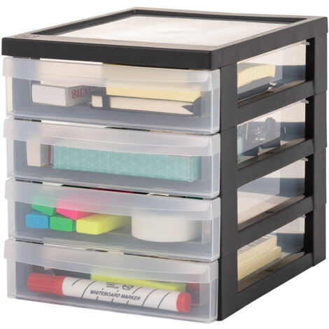 Iris Ohyama Cassettiera in Plastica, Portaoggetti, 4 Cassetti Medi, Nero, Apertura Facile, Formato A5, Trasparente, Per Ufficio, Documenti, Forniture, File, Contenitore, Senza BPA, DC-A5