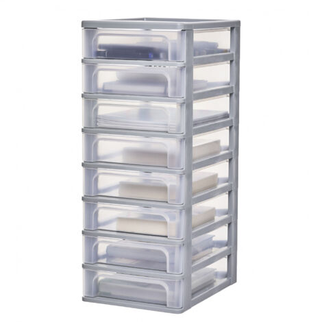 Iris Ohyama Cassettiera in Plastica, Portaoggetti, 8 Cassetti Medi, Grigio, Apertura Facile, Formato A4, A5 e A6, Organizzatore, Per Ufficio, Scuola, Cartoleria, Senza BPA, Contenitore, OCH-2080