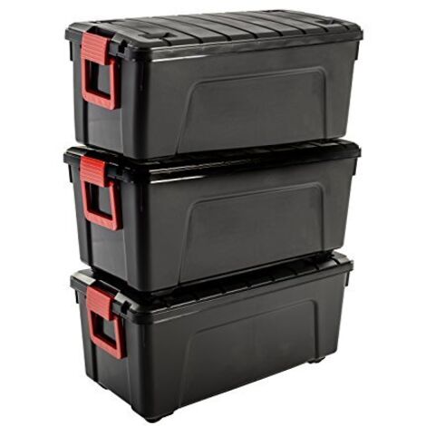 Iris Ohyama, grande contenitore in plastica, contenitore per garage da 75 litri, Lotto di 3, SIA-75, nero, impilabile, clip di chiusura - L78 x P39,5 x A35 cm