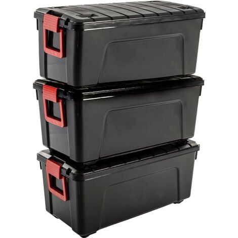 Iris Ohyama, groÃŸe Kunststoff-Aufbewahrungsbox, 75 l Garagen-Aufbewahrungsbox, 3er-Set, SIA-75, schwarz, stapelbar, Verschlussklammern â€“ B78 x T39,5 x H35 cm