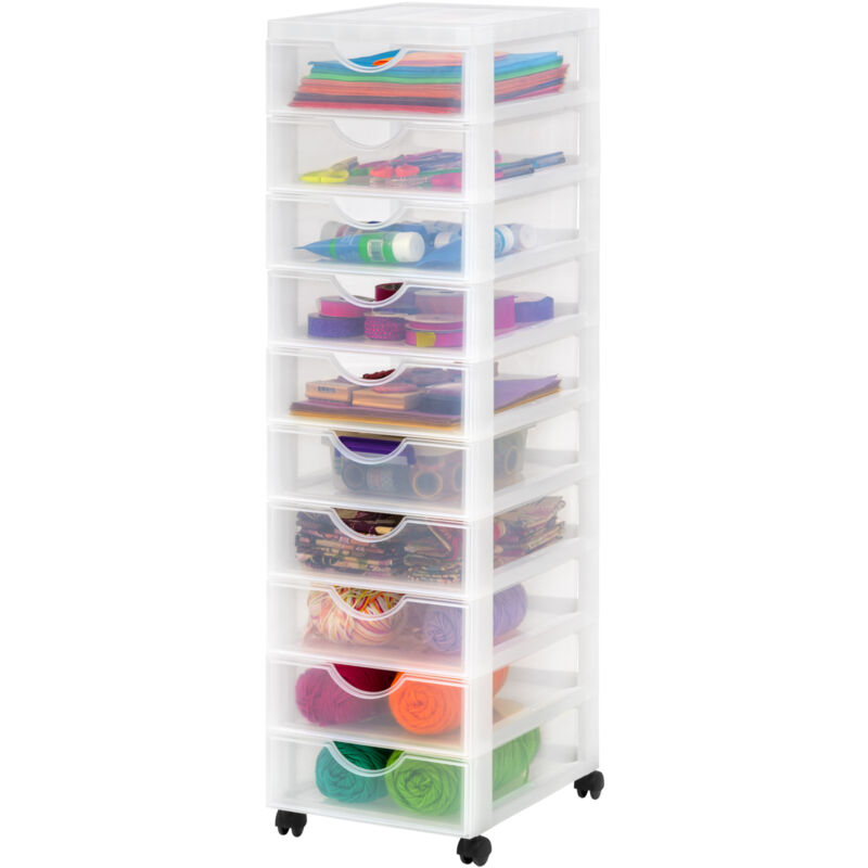 Iris Ohyama Kunststoff-Schubladenbox mit Rollen, 10 flachen Schubladen, Mattweiß, Griffe zum Ziehen, Für Schlafzimmer, Bad, Schule & Büro, BPA-frei,
