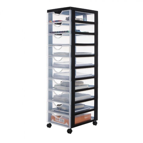 IRIS OHYAMA 10 flachen Schubladen, Schwarz, Griffe zum Ziehen, Für Schlafzimmer, Schule & Büro, BPA-frei, Schubladenschrank, Rollcontainer, A4 Drawer, DDDC-010