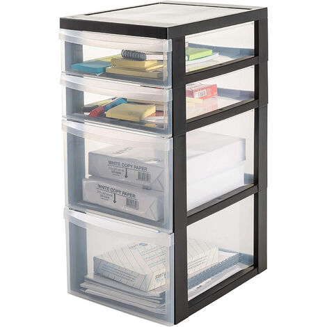 Iris Ohyama Kunststoff-Schubladenbox mit Rollen, 2 tiefe und 2 flache Schubladen, Schwarz, Griffe zum Ziehen, Für Schlafzimmer, Bad, Schule & Büro, BPA-frei, Schubladenschrank, Rollcontainer, DC-322