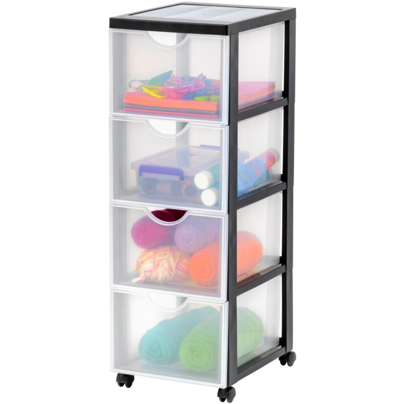Iris Ohyama - Kunststoff-Schubladenbox mit Rollen, 4 tiefen Schubladen, Schwarz, Griffe zum Ziehen, Für Schlafzimmer, Bad, Schule & Büro, BPA-frei,