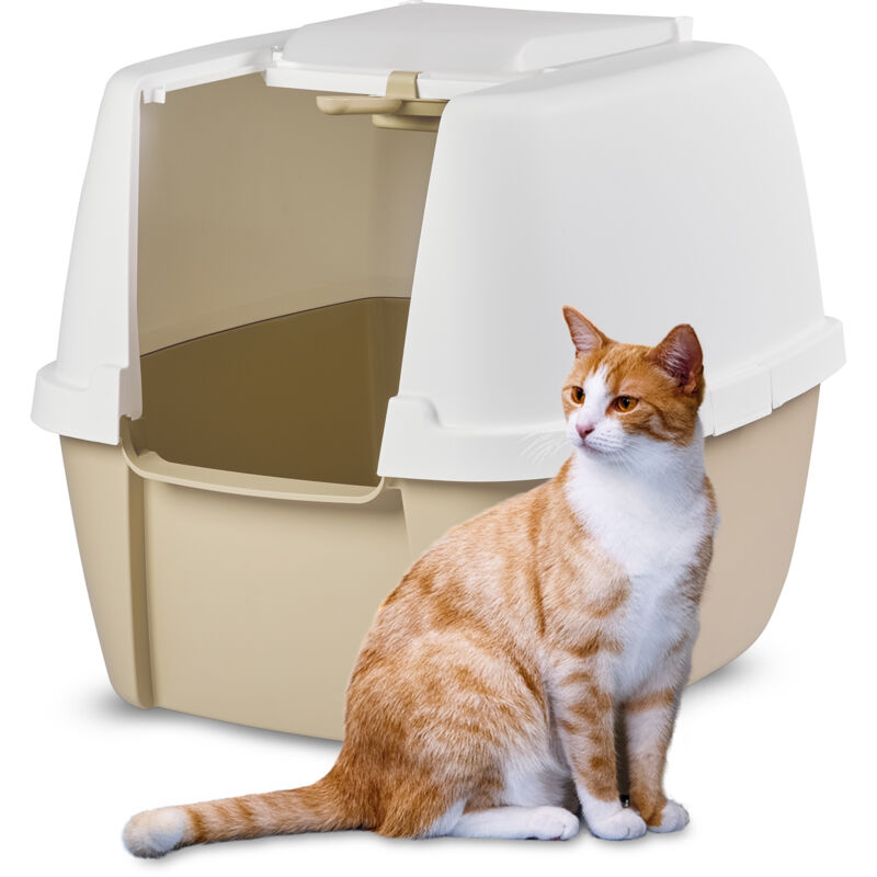 Iris Ohyama, Bac à litière Jumbo à capuchon, fermée, pour chat, Cat Litter Box, CLH-17J, Blanc/Beige