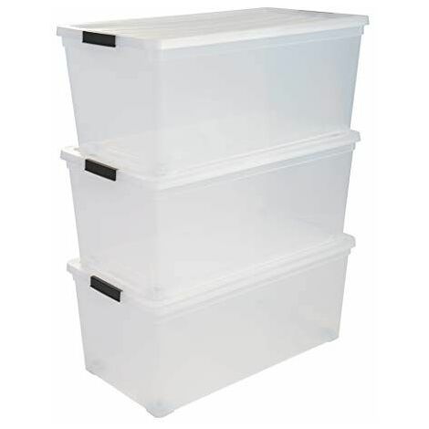Iris Ohyama, Lot de 3 boîtes de rangement, 70 L, avec clips, empilable, chambre, garage, grenier - New Carry