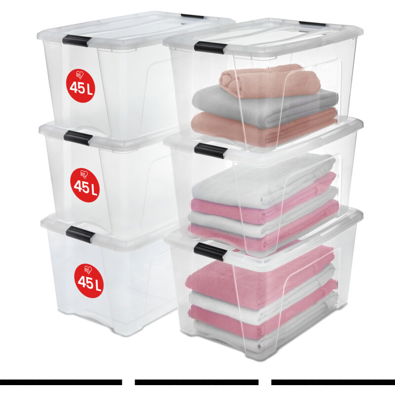 Boîte de rangement plastique 45L – Lot de 6 – Dimensions L39.5 x P58 x H30 cm – Couvercle renforcé et clips de fermeture – Poignée intégrée – Iris