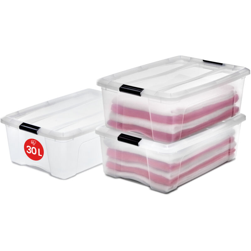 Iris Ohyama, Boite Rangement Plastique avec Couvercle, 30L, Lot de 3, Transparent, Clips de Fermeture, Poignée, Empilable, Organisation Solide &