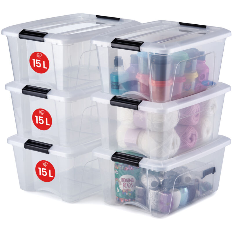 Iris Ohyama, Boite Rangement Plastique avec Couvercle, 15L, Lot de 6, Transparent, Clips de Fermeture, Poignée, Empilable, Organisation Solide &