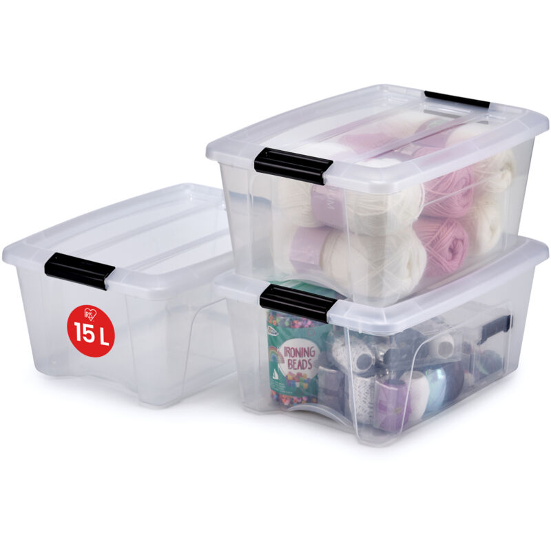 Iris Ohyama, Boite Rangement Plastique avec Couvercle, 15L, Lot de 3, Transparent, Clips de Fermeture, Poignée, Empilable, Organisation Solide &