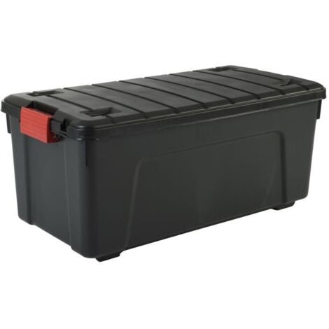 Iris Ohyama, Malle, Boîtes de rangement plastiques, avec couvercle et Cips de fermeture, 75L, Lot de 3, Empilables, Roues, Sans BPA, Grenier, Cabanon, Garage, SIA-75, Noir