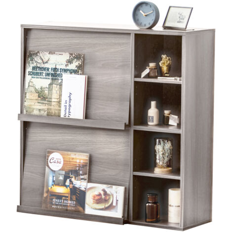 Iris Ohyama, Mobile, Scaffale, Libreria portaoggetti, con 2 ante a ribalta e 4 scomparti, Modulare, Ufficio, Camera da letto, Soggiorno, Sala da pranzo - Flap Rack FR-F2- Rovere grigio