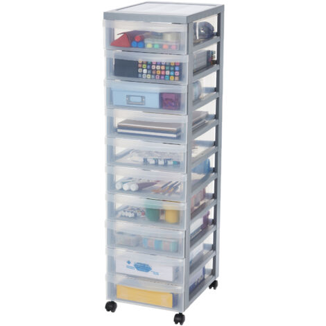 Iris Ohyama, Plastik-Aufbewahrungsturm, 10 Schubladen, 7L Schreibtisch, Intarsien-Griff, 4 abnehmbare RÃ¤der, DC-010, Grau- B29 x T40 x H100.5 cm
