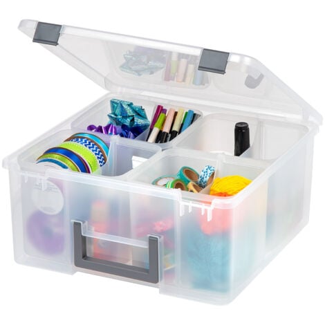 Iris Ohyama, Portable Clear Plastic Storage Compartment Box with Handle, Grey, 25L, Secure Latches, 4 Removable Inner Cups and 4 Dividers, For Hobby, Craft, Art, Craft Box, Crate, BPA Free, DCB-4