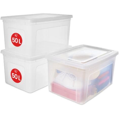 Iris Ohyama Scatole Portaoggetti, 50L, Set di 3, Trasparente, Chiusura facile, Impilabile, Plastica Trasparente, Per Armadio, Scaffali, Scuola, Organizzazione, Giocattoli, Cartoleria , Scarpe, MCB-50