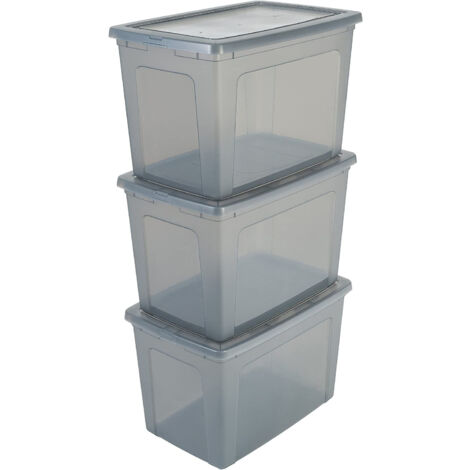 Iris Ohyama Scatole Portaoggetti, 70L, Set di 3, Grigio, Chiusura facile, Impilabile, Plastica Trasparente, Per Armadio, Scaffali, Scuola, Organizzazione, Giocattoli, Cartoleria , Scarpe, MCB-70