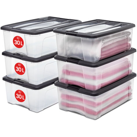 Iris Ohyama Scatole Portaoggetti in Plastica con Coperchio, 30L, Lotto di 6, Nero, Clip di Bloccaggio, Empilabile, Maniglia, Per Camera, Armadio, Ufficio, Organizzatore, Senza BPA Plastica, NTB-30