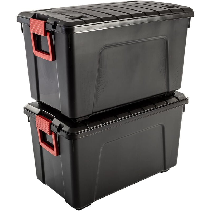 Iris Ohyama, große Kunststoff-Aufbewahrungsbox, 110 l Garagen-Aufbewahrungsbox, 2er-Set, SIA-110, schwarz, stapelbar, Verschlussklammern – B75 x