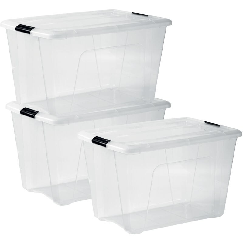 Boîte de rangement plastique avec couvercle 60L – Lot de 3 – Dimensions L39.5 x P58 x H36.5 cm – Résistante aux chocs – Transparent – Iris Ohyama