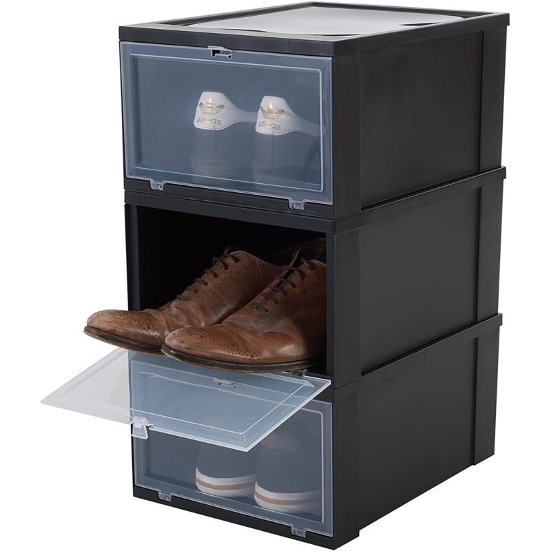 Iris Ohyama, Lot de 3 boîtes à chaussures, 14 L, chambre, penderie, couloir - Drop Front Shoe Box EUDF-M - Noir