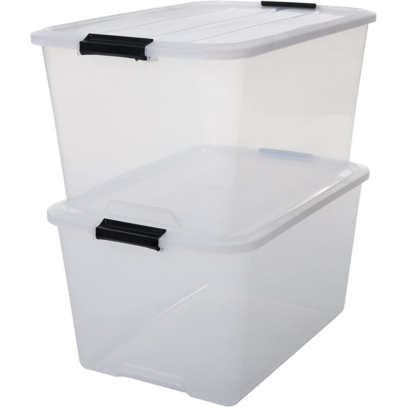 Iris Ohyama, Boite Rangement Plastique avec Couvercle, 45L, Lot de 2, Transparent, Clips de Fermeture, Poignée, Empilable, Portable, Solide &