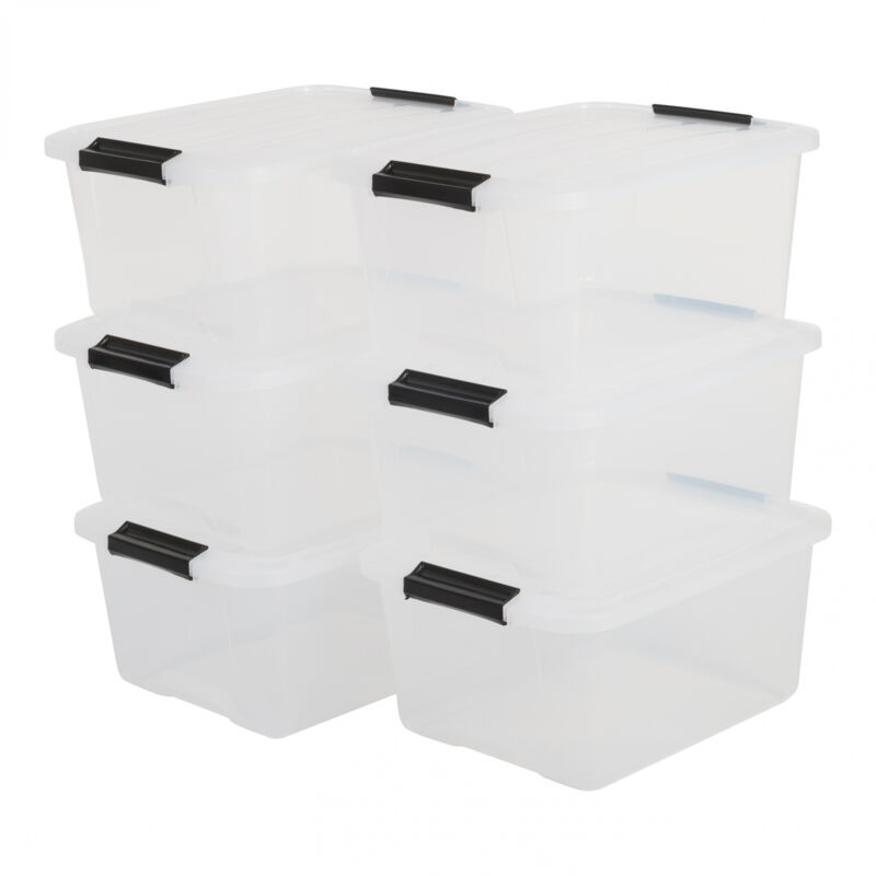 Iris Ohyama, Boite Rangement Plastique avec Couvercle, 15L, Lot de 6, Transparent, Clips de Fermeture, Poignée, Empilable, Portable, Solide &