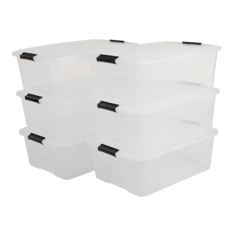 Iris Ohyama, Boite Rangement Plastique avec Couvercle, 30L, Lot de 6, Transparent, Clips de Fermeture, Poignées, Empilable, Portable, Solide &