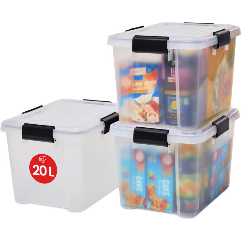 Iris Ohyama Luftdichte Kunststoff-aufbewahrungsboxen Mit Deckel, 20l, 3er-set, Transparent, Hermetischer Wasserdichter Verschluss, Robuste Schnappverschlüsse,