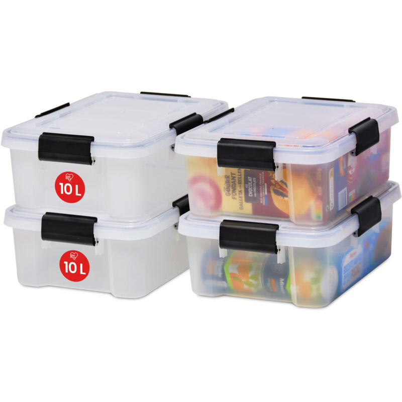 Luftdichte Kunststoff-Aufbewahrungsboxen mit Deckel, 10L, 4er-Set, Transparent, Hermetischer wasserdichter Verschluss, Robuste Schnappverschlüsse,