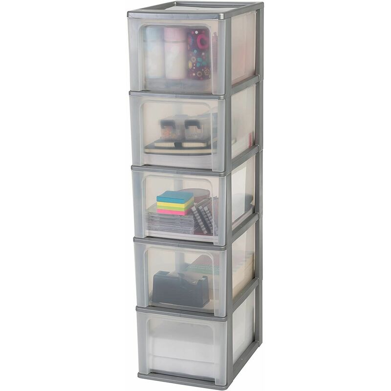 Image of Aufbewahrungsturm, Organizer, 5 Schubladen à 13 l, A4-Format, transparent – OCH-2500 – L35,5 x B26 x H99,5 cm, Grau - Iris Ohyama