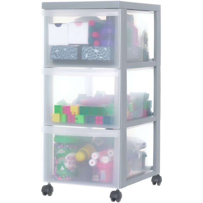 Iris Ohyama, Tour de rangement à Roulettes, Plastique, 3 Grands Tiroirs, Gris, Ouverture Facile, Meuble de Rangement, Papeterie, pour Chambre, Salle