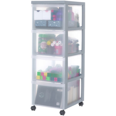 Iris Ohyama, Tour de rangement à Roulettes, Plastique, 4 Grands Tiroirs, Gris, Ouverture Facile, Meuble de Rangement, Papeterie, pour Chambre, Salle de Bain, École & Bureau, Sans BPA, DC-304