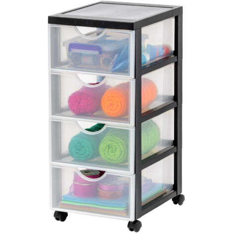 Iris Ohyama, Tour de rangement, Organisateur plastique, 4 tiroirs de 4 L, Poignées ergonomiques, Roues, Format A4, Bureau, Chambre, Salon, Salle de bain -  DDDC-004 - Noir